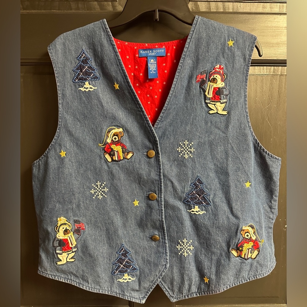Karen Scott Sport Blue Jean Patriotic Themed Holiday 3-Button Vest Women’s Sz XL - Picture 1 of 11